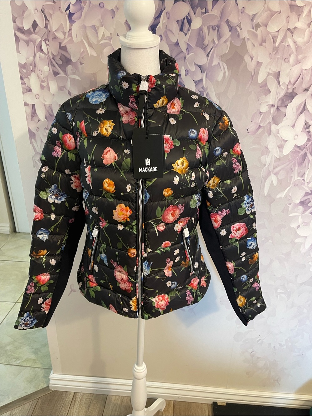 Mackage Black Floral Quilted Puffer Jacket